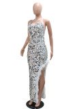 Sexy Patchwork Sequins Feathers Backless Slit Halter Long Dresses