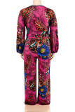 Casual Print Patchwork V Neck Plus Size Jumpsuits