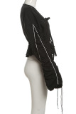 Street Solid Color Draw String Patchwork Strap Design V Neck Tops