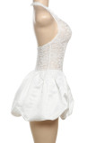 Sexy Solid Color Lace Patchwork Ruched V Neck A Line Dresses