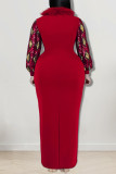 Elegant Geometric Print Patchwork Slit Fluffy O Neck Long Plus Size Dresses