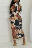 Casual Print Patchwork Slit V Neck Long Dresses
