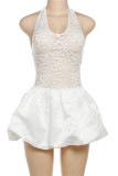 Sexy Solid Color Lace Patchwork Ruched V Neck A Line Dresses