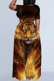 Casual Print Basic O Neck Long Plus Size Dresses