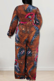 Casual Print Patchwork V Neck Plus Size Jumpsuits