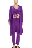 Casual Solid Color Draw String Patchwork V Neck Long Sleeve Three Pieces