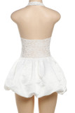 Sexy Solid Color Lace Patchwork Ruched V Neck A Line Dresses