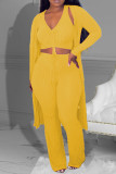 Casual Solid Color Draw String Patchwork V Neck Long Sleeve Three Pieces
