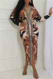 Casual Print Patchwork Slit V Neck Long Dresses