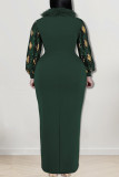 Elegant Geometric Print Patchwork Slit Fluffy O Neck Long Plus Size Dresses