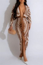 Casual Print Patchwork Slit V Neck Long Dresses