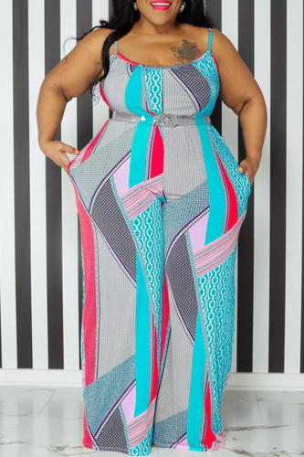 Casual Print Pocket Patchwork Spaghetti Strap Plus Size Jumpsuits