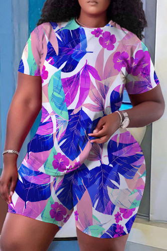 Casual Floral Print Basic O Neck Short Sleeve Two Pieces