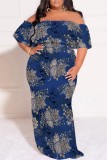 Casual Print Patchwork Off Shoulder Long Plus Size Dresses