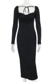Elegant Solid Color Patchwork Backless Slit Strap Design Asymmetrical Collar Long Dresses