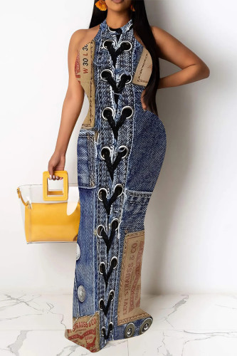 Casual Street Faux Denim Print Contrast O Neck Printed Dresses