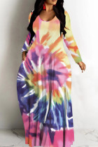 Casual Tie Dye Print Basic V Neck Long Dresses