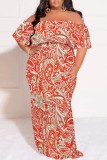 Casual Print Patchwork Off Shoulder Long Plus Size Dresses