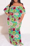 Casual Print Patchwork Off Shoulder Long Plus Size Dresses