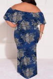Casual Print Patchwork Off Shoulder Long Plus Size Dresses
