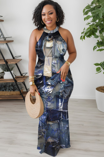 Casual Print Basic O Neck Long Dresses