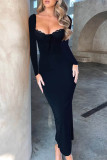 Elegant Solid Color Patchwork Backless Slit Strap Design Asymmetrical Collar Long Dresses