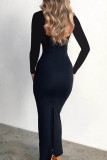 Elegant Solid Color Patchwork Backless Slit Strap Design Asymmetrical Collar Long Dresses