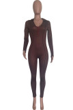 Casual Solid Color Zipper V Neck Skinny Jumpsuits