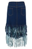 Casual Solid Color Fringed Trim A Line Plus Size High Waist Denim Skirt