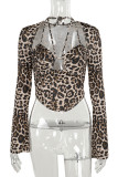 Sexy Leopard Print Hollow Out Patchwork Spaghetti Strap Tops