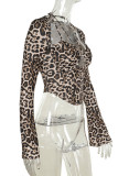 Sexy Leopard Print Hollow Out Patchwork Spaghetti Strap Tops