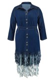 Casual Solid Color Fringed Trim Buttons Turndown Collar Denim Plus Size Dresses