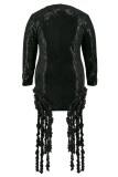 Casual Solid Color Fringed Trim Sequins O Neck Long Sleeve Plus Size Dresses