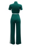 Casual Stripe Patchwork Zipper Collar Short Sleeve Two Pieces