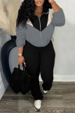 Casual Patchwork Contrast Zipper Collar Long Sleeve Two Pieces
