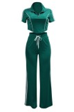 Casual Stripe Patchwork Zipper Collar Short Sleeve Two Pieces