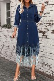 Casual Solid Color Fringed Trim Buttons Turndown Collar Denim Plus Size Dresses