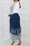 Casual Solid Color Fringed Trim A Line Plus Size High Waist Denim Skirt