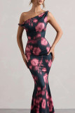 Elegant Print Patchwork Backless Oblique Collar Dresses