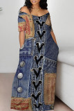 Sexy Street Faux Denim Print Contrast Off Shoulder Printed Dresses