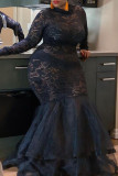 Sexy Solid Color Lace Patchwork Mesh Zipper O Neck Long Plus Size Dresses