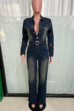 Street Pocket Buckle Patchwork With Belt Turndown Collar Long Sleeve Regular Denim Jumpsuits