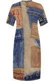 Casual Street Faux Denim Print Pocket V Neck Printed Plus Size Dresses
