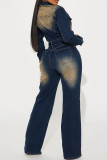 Street Pocket Buckle Patchwork With Belt Turndown Collar Long Sleeve Regular Denim Jumpsuits