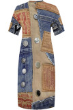 Casual Street Faux Denim Print Pocket V Neck Printed Plus Size Dresses