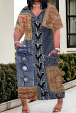Casual Street Faux Denim Print Pocket V Neck Printed Plus Size Dresses