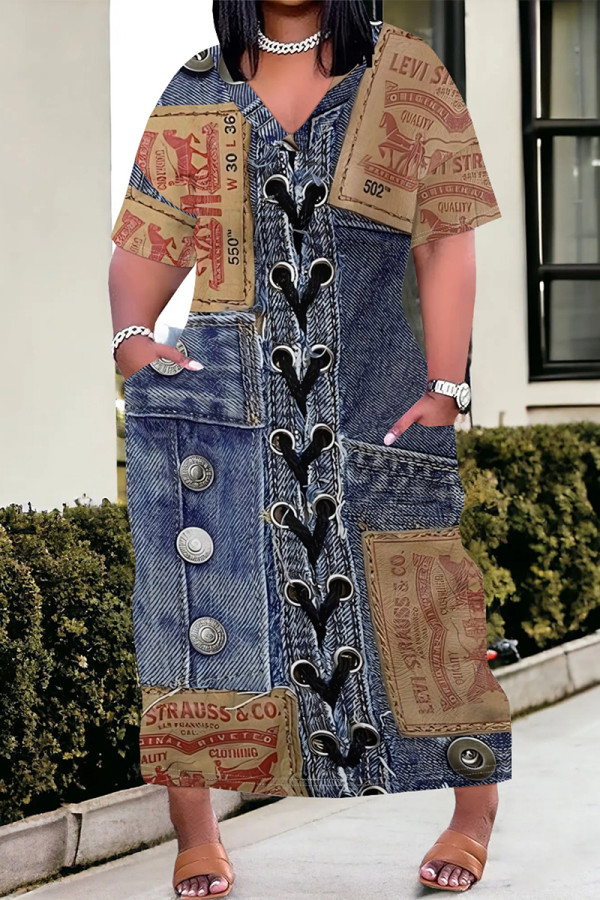 Casual Street Faux Denim Print Pocket V Neck Printed Plus Size Dresses