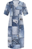 Casual Street Faux Denim Print Pocket V Neck Printed Plus Size Dresses