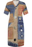 Casual Street Faux Denim Print Pocket V Neck Printed Plus Size Dresses