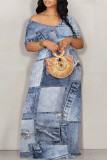 Sexy Street Faux Denim Print Contrast Off Shoulder Printed Dresses